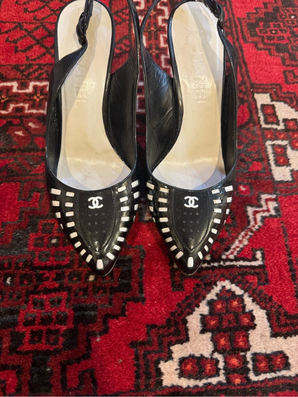 CHANEL Black & White Logo Slingback Heels 36.5 - Picture 3 of 7